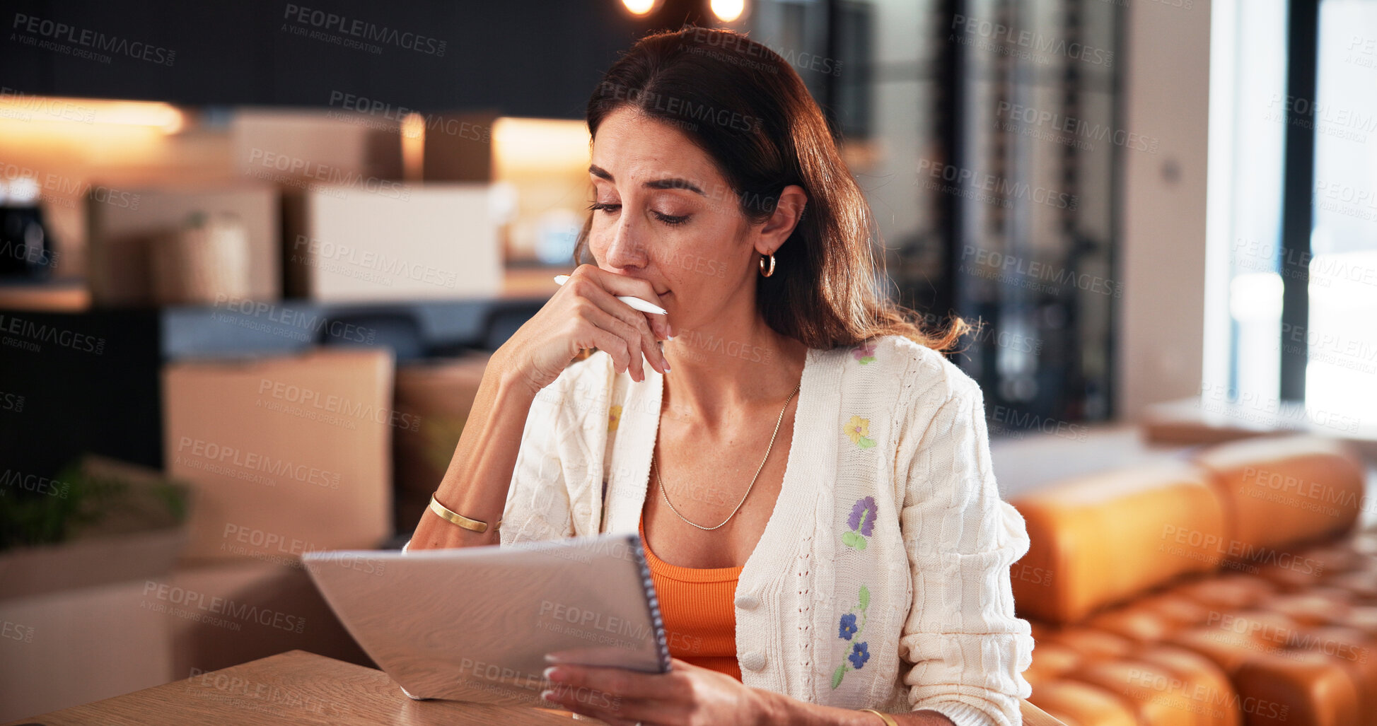 Buy stock photo Reading, journalist and woman with proposal in home for inspiration, article and remote work. Ideas, freelancer and mature person with project, paperwork and planning for story editor in house