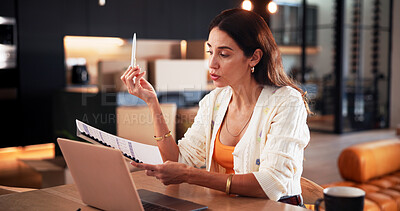 Buy stock photo Laptop, journalist and woman with proposal in home for video call, article and remote work. Communication, freelancer and mature person with project, paperwork and planning for story editor in house