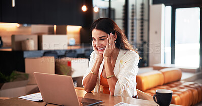 Buy stock photo Remote work, good news or woman in house with laptop, success or approval of investment proposal. WFH, mature person or analyst in home with tech, revenue growth or progress in funding opportunity.