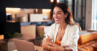 Buy stock photo Laptop, freelancer and video call with proposal in home for publication, article and remote work. Journalist, tech and female person with project, communication and planning for editor in house