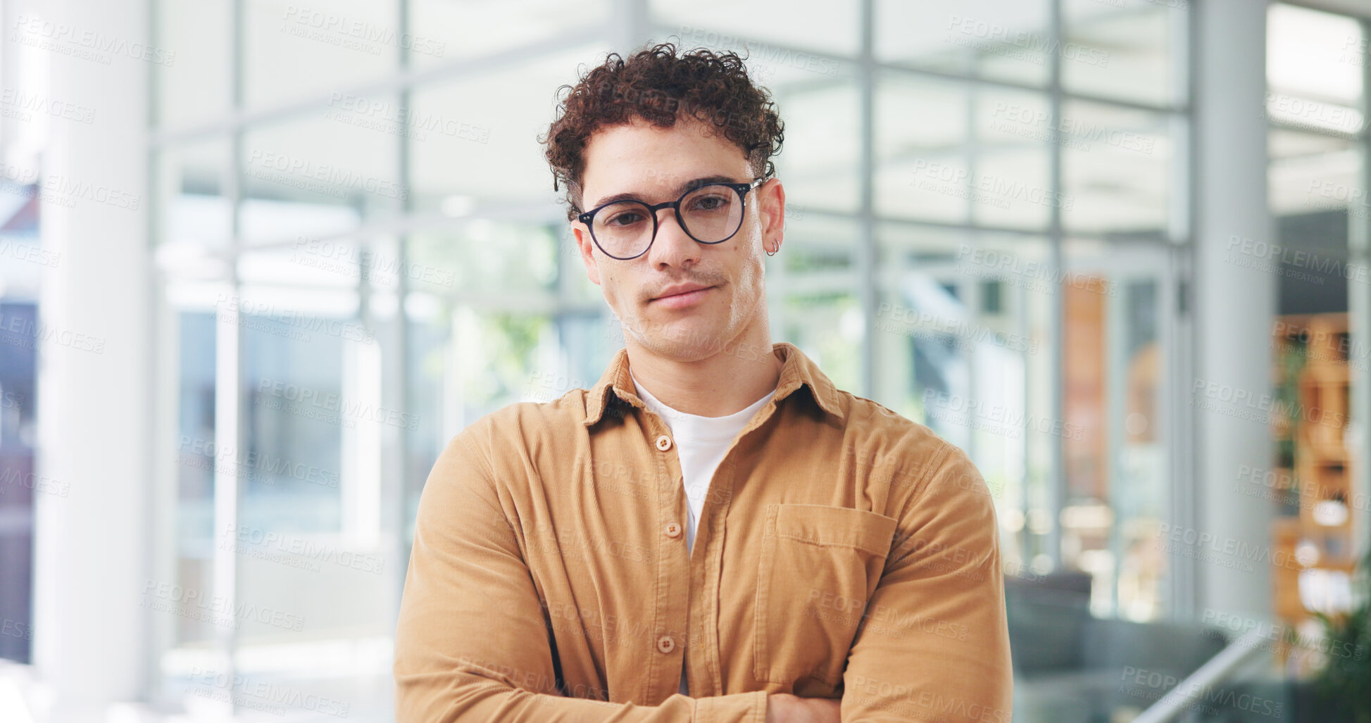 Buy stock photo Business, man and portrait with arms crossed in office for news reporting, internship and about us. Journalist, intern and serious at publishing agency for career opportunity, copywriting or ambition