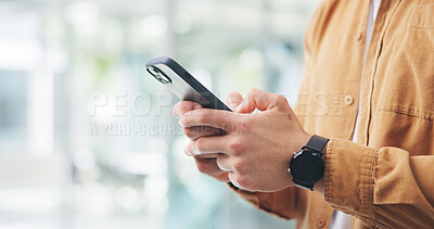 Buy stock photo Phone, typing and hands of business man in office for social media, networking and online contact. Creative, startup and person on smartphone for communication, internet and email on mobile app