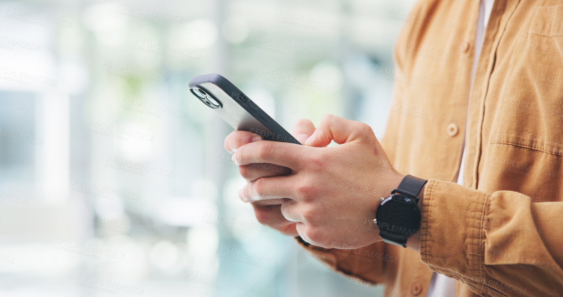 Buy stock photo Phone, typing and hands of business man in office for social media, networking and online contact. Creative, startup and person on smartphone for communication, internet and email on mobile app