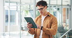 Man, tablet and typing at startup with review, glasses or insight for project management at media company. Person, tech and scroll with app for proposal, feedback and check report at creative agency