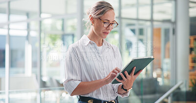 Buy stock photo Creative director, glasses and woman with tablet, scroll and planning for pitch and brand awareness. Browsing, info and person with tech for campaign schedule, serious or project management in office