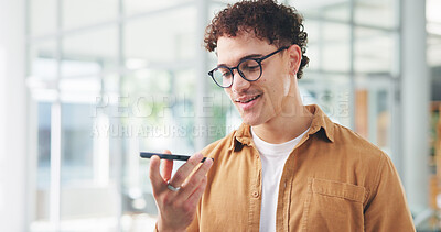 Buy stock photo Man, phone and voice note with manager in office for alert, communication or business notification. App, contact or update with employee on technology for internet search, management or audio message