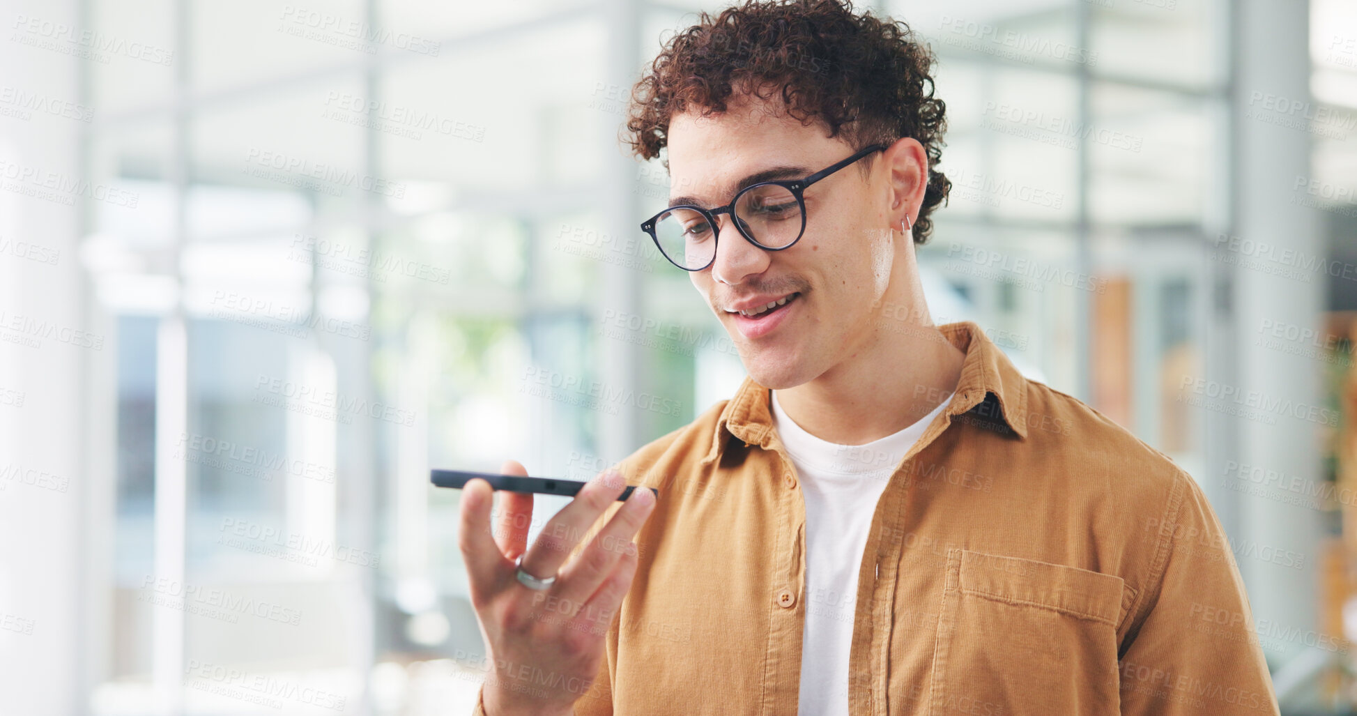 Buy stock photo Man, phone and voice note with manager in office for alert, communication or business notification. App, contact or update with employee on technology for internet search, management or audio message