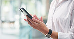 Hands, phone and typing with business woman in office for alert, communication or notification. App, contact or update with employee on technology for internet search, management or text message