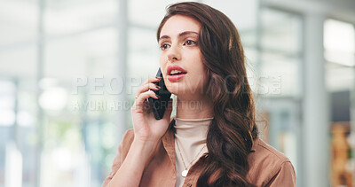 Buy stock photo Phone call, chat and thinking with business woman in office for news, communication or notification. App, contact or update with employee on technology for conversation, management or text message