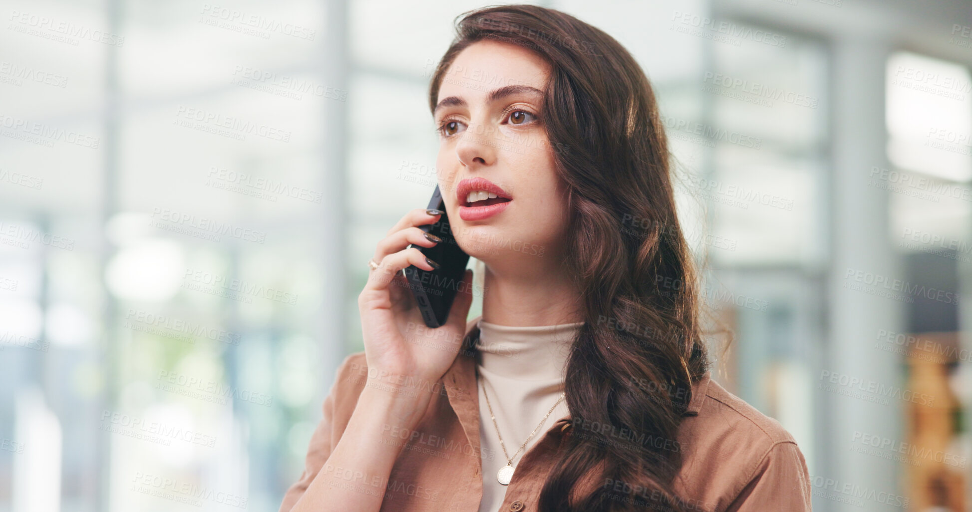 Buy stock photo Phone call, chat and thinking with business woman in office for news, communication or notification. App, contact or update with employee on technology for conversation, management or text message