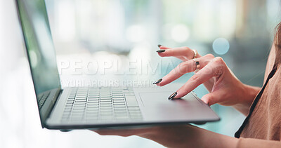 Buy stock photo Employee, scroll and hands with laptop, office and email marketing on web and copywriting with info. Copywriter, browsing and person with tech for ad campaign, online and editing article in business