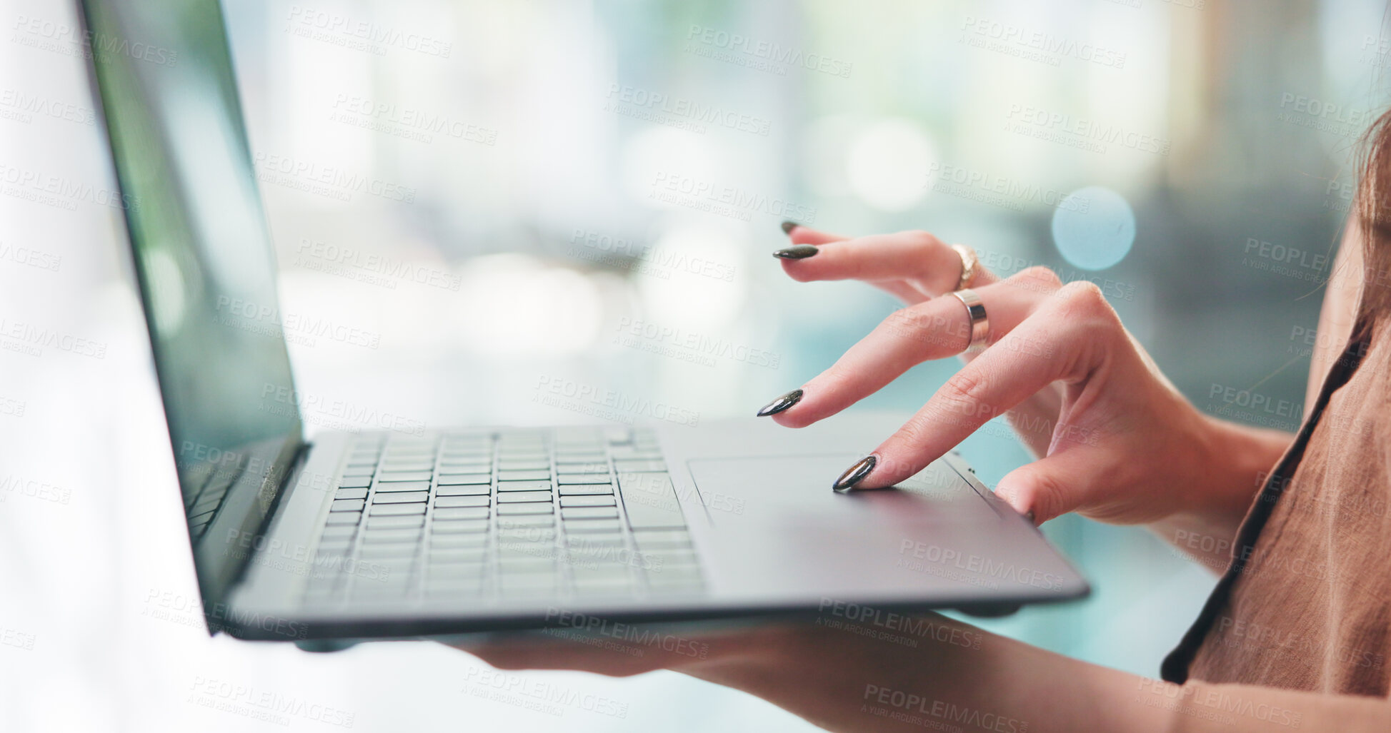 Buy stock photo Employee, scroll and hands with laptop, office and email marketing on web and copywriting with info. Copywriter, browsing and person with tech for ad campaign, online and editing article in business