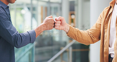 Buy stock photo Business people, handshake and friends with fist bump for social connection and b2b networking. Coworking, collaboration and hands in meeting with synergy, solidarity or welcome to team for inclusion