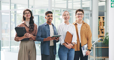 Buy stock photo Happy people, group and portrait with tech at startup for meeting, collaboration and diversity at office. Team, men and women with smile, writer or editor for project management at creative agency