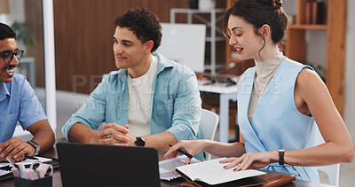 Buy stock photo Team, woman or meeting with notebook in office for topics review, article ideas or brainstorming. Journalists, people or discussion with notes in newsroom for breaking news coverage or writing advice