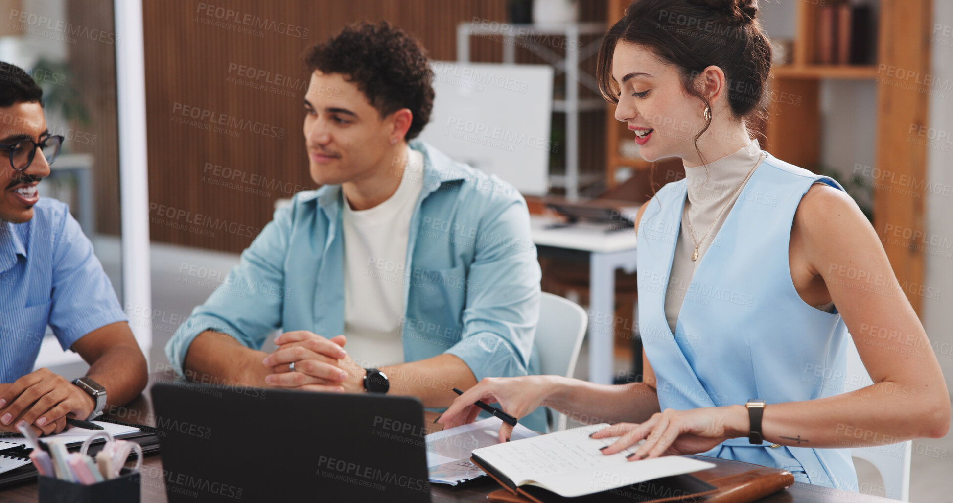 Buy stock photo Team, woman or meeting with notebook in office for topics review, article ideas or brainstorming. Journalists, people or discussion with notes in newsroom for breaking news coverage or writing advice