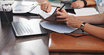 Notebook, laptop and hands of business people in office with planning for finance report. Writing, computer and team of financial advisors with discussion for investment proposal in workplace.