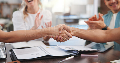Buy stock photo Business people, meeting and handshake with applause in office for agreement or partnership. Group, employees or shaking hands with team for b2b, project success or achievement together in workplace