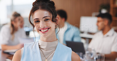 Buy stock photo Creative, portrait and woman with smile, office and publicist with career development and coworking. Happy, employee and person with confidence for brand awareness, leadership and public relations