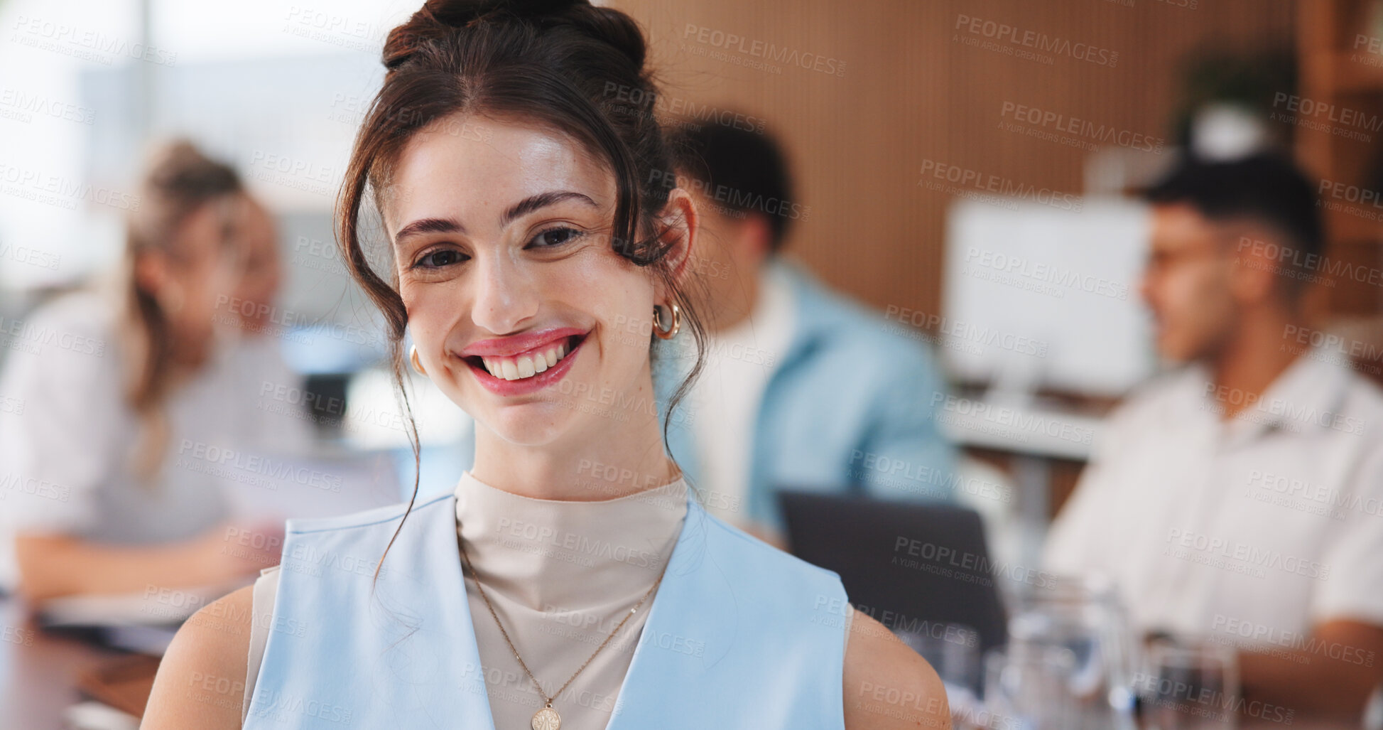 Buy stock photo Creative, portrait and woman with smile, office and publicist with career development and coworking. Happy, employee and person with confidence for brand awareness, leadership and public relations