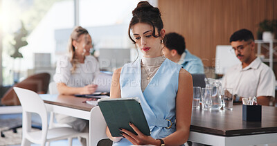 Buy stock photo Tablet, team and businesswoman in office for meeting on finance report with budget planning. Digital technology, research and female financial manager with email for investment proposal in workplace.