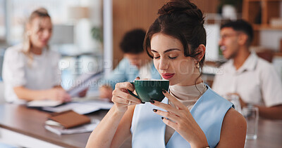 Buy stock photo Business woman, drinking coffee and meeting in office for creative project and planning. Employees, journalist or person in workplace with caffeine, start day and coworking with cooperation beverage