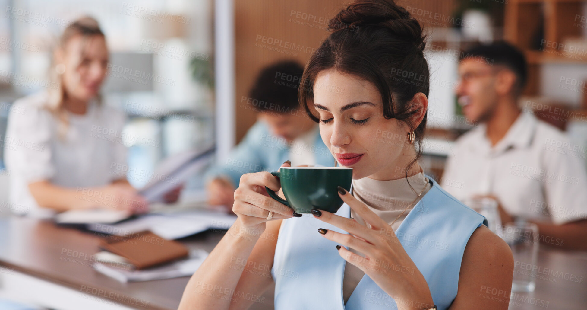 Buy stock photo Business woman, drinking coffee and meeting in office for creative project and planning. Employees, journalist or person in workplace with caffeine, start day and coworking with cooperation beverage