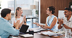 Happy, business people or meeting with applause for congratulations, well done or success in office. Excited, group or employees clapping with smile for team achievement or promotion in workplace