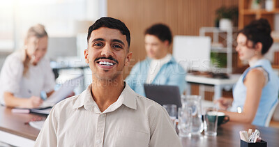 Buy stock photo Creative, portrait and man with smile, office and publicist with career growth, pride and coworking. Happy, employee and person with confidence for brand awareness, leadership and public relations