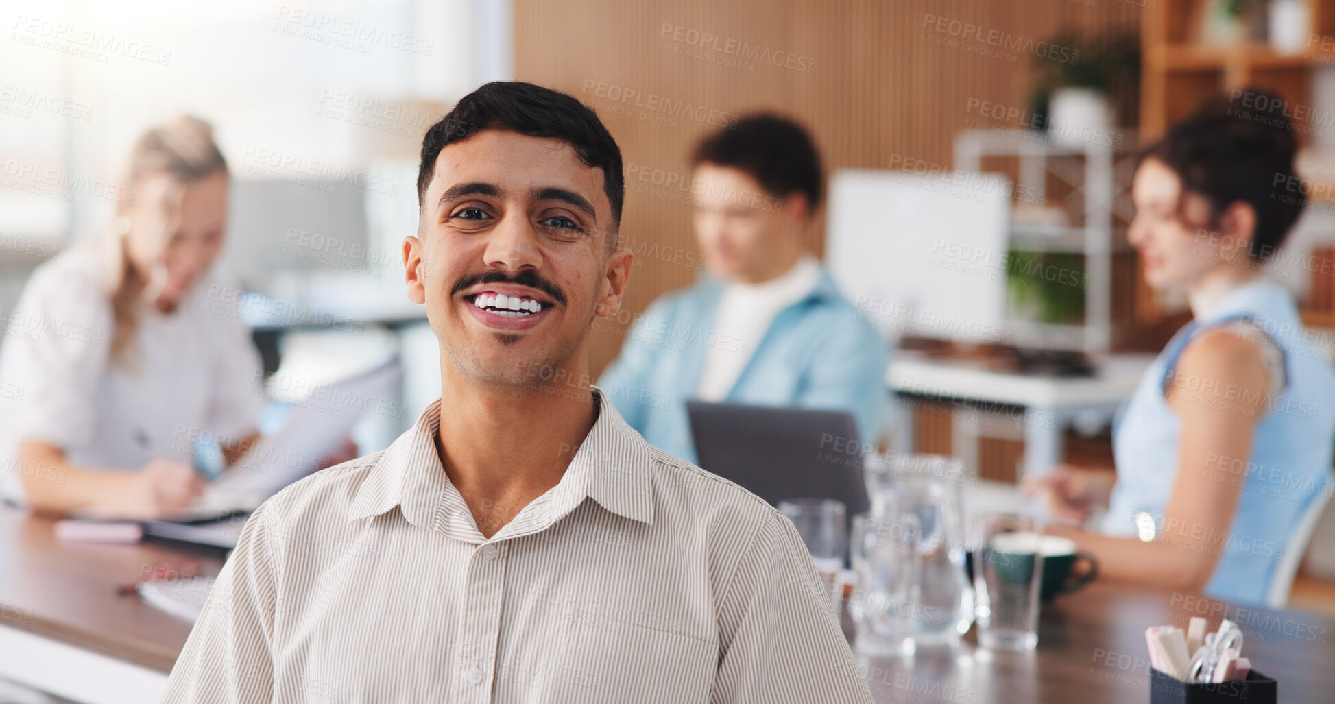 Buy stock photo Creative, portrait and man with smile, office and publicist with career growth, pride and coworking. Happy, employee and person with confidence for brand awareness, leadership and public relations