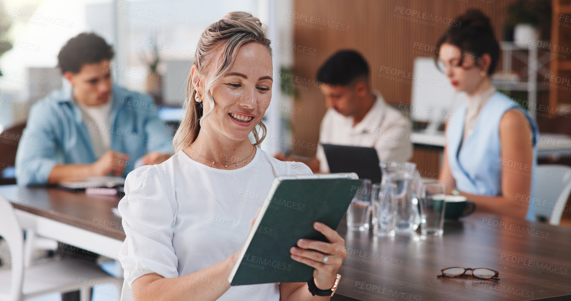 Buy stock photo Tablet, happy and businesswoman in office for meeting on finance report with budget planning. Digital technology, team and female financial manager with email for investment proposal in workplace.