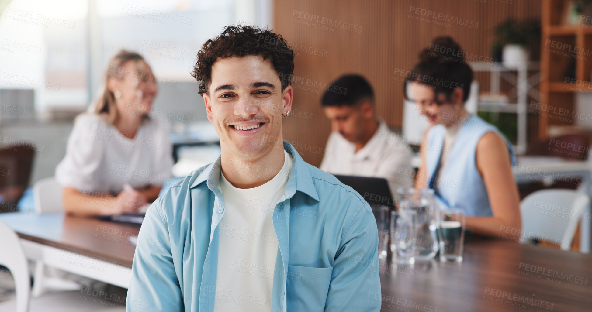 Buy stock photo Employee, portrait and man with smile, office and publicist with career growth, happy and coworking. Boardroom, leadership and person with pride for brand awareness, creative and public relations