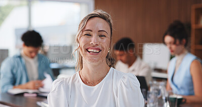 Buy stock photo Creative, portrait and woman in office, laughing and publicist with career development and coworking. Happy, employee and person with confidence for brand awareness, leadership and public relations