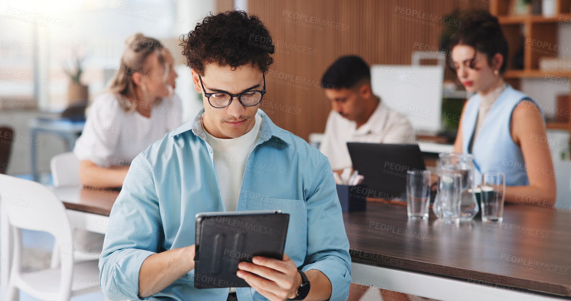 Buy stock photo Tablet, reading and businessman in office for meeting on finance report with budget planning. Digital technology, research and male financial manager with email for investment proposal in workplace.