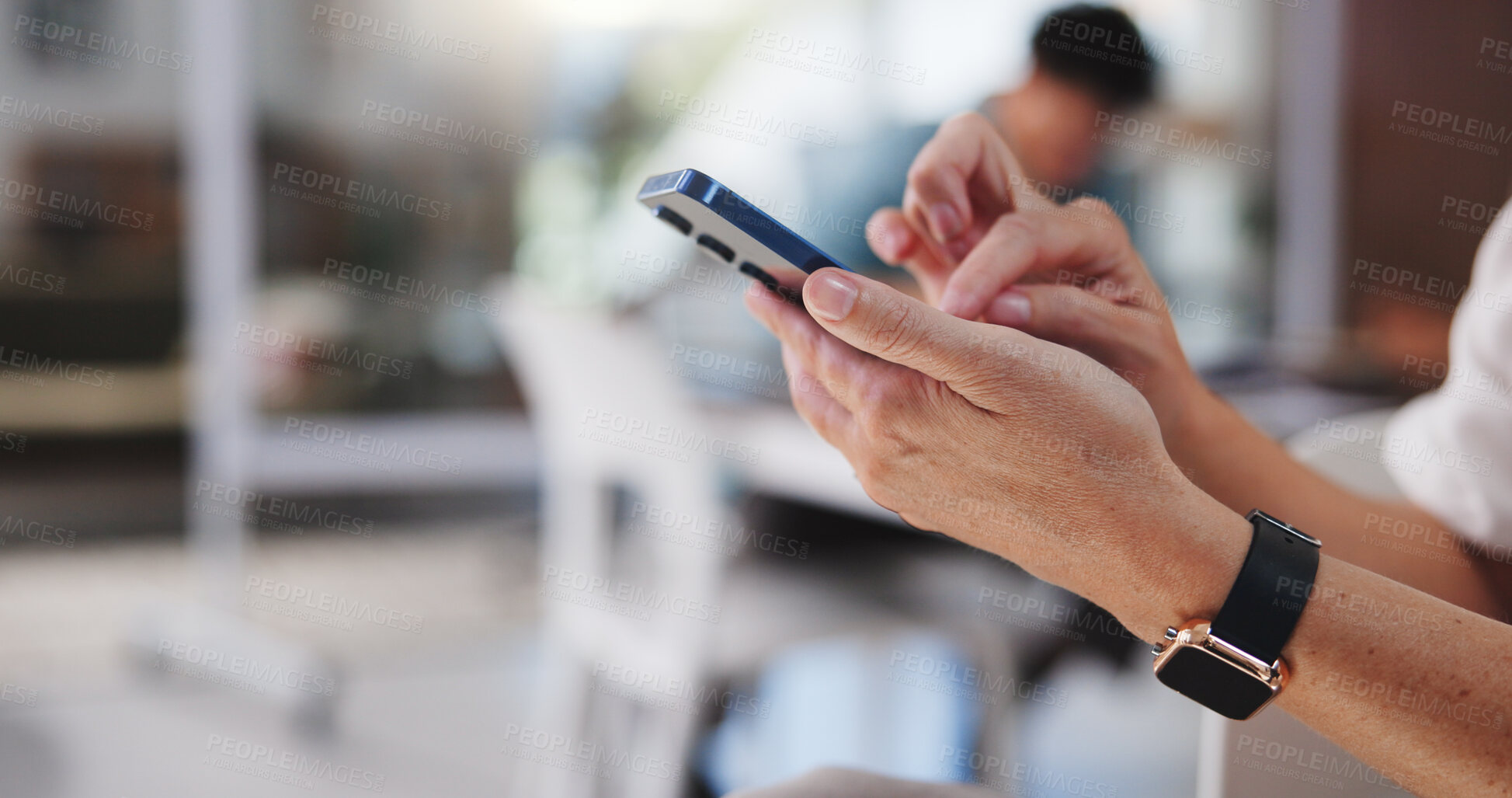 Buy stock photo Phone, message and hands of business person in office for account manager, virtual advisor and contact. Communication, online portfolio and networking with employee and mobile app for text research