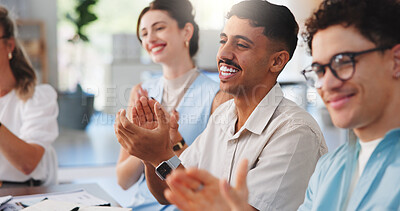 Buy stock photo Happy people, meeting and presentation with applause for good job, well done or thank you in office. Group, employees or colleagues clapping with smile for teamwork or staff training in workplace