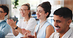 Happy people, meeting and presentation with applause for thank you, good job or well done in office. Group, employees or colleagues clapping with smile for teamwork or staff training in workplace
