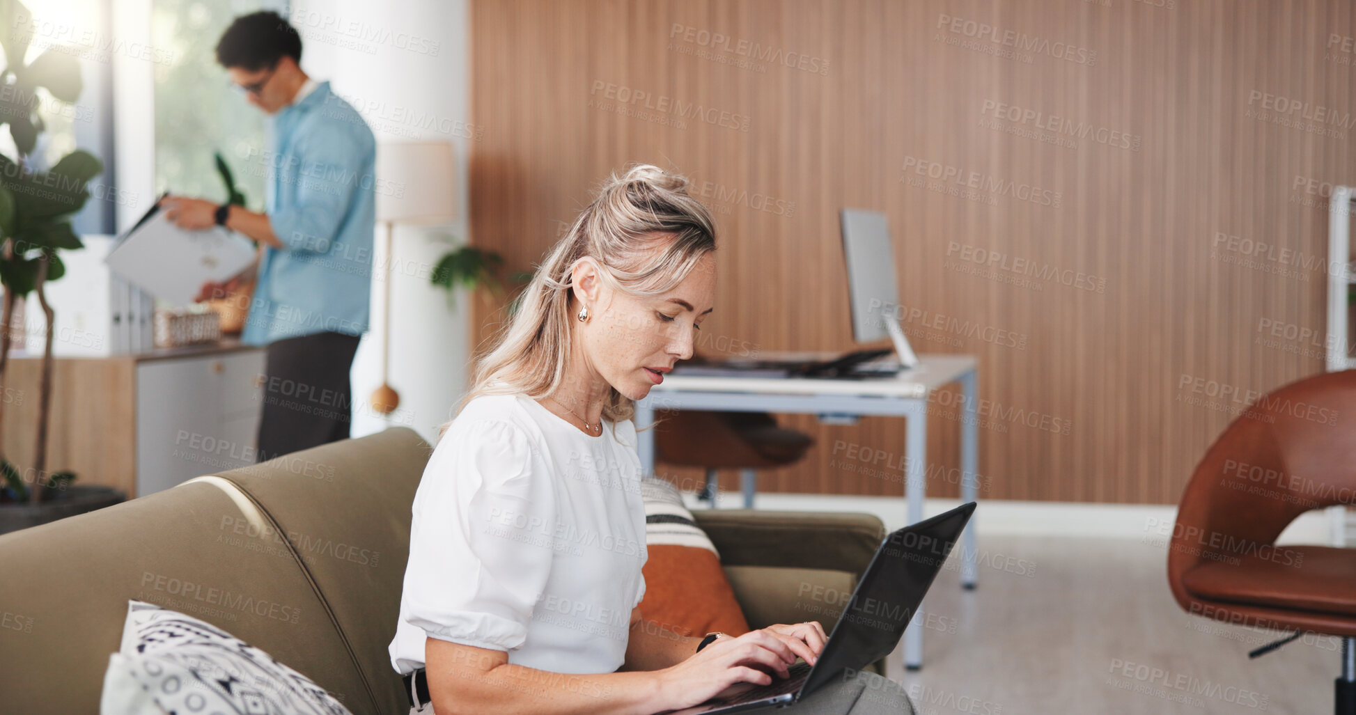 Buy stock photo Creative, woman and employee with laptop, office and email marketing on web or copywriting with info. Typing, copywriter and person with tech for ad campaign, coworking or editing article in business