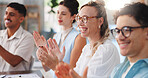 Happy people, meeting or presentation with applause for congratulations, good job or well done. Group, employees or colleagues clapping with smile for teamwork, success or staff training in workplace