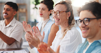 Buy stock photo Happy people, meeting or presentation with applause for congratulations, good job or well done. Group, employees or colleagues clapping with smile for teamwork, success or staff training in workplace