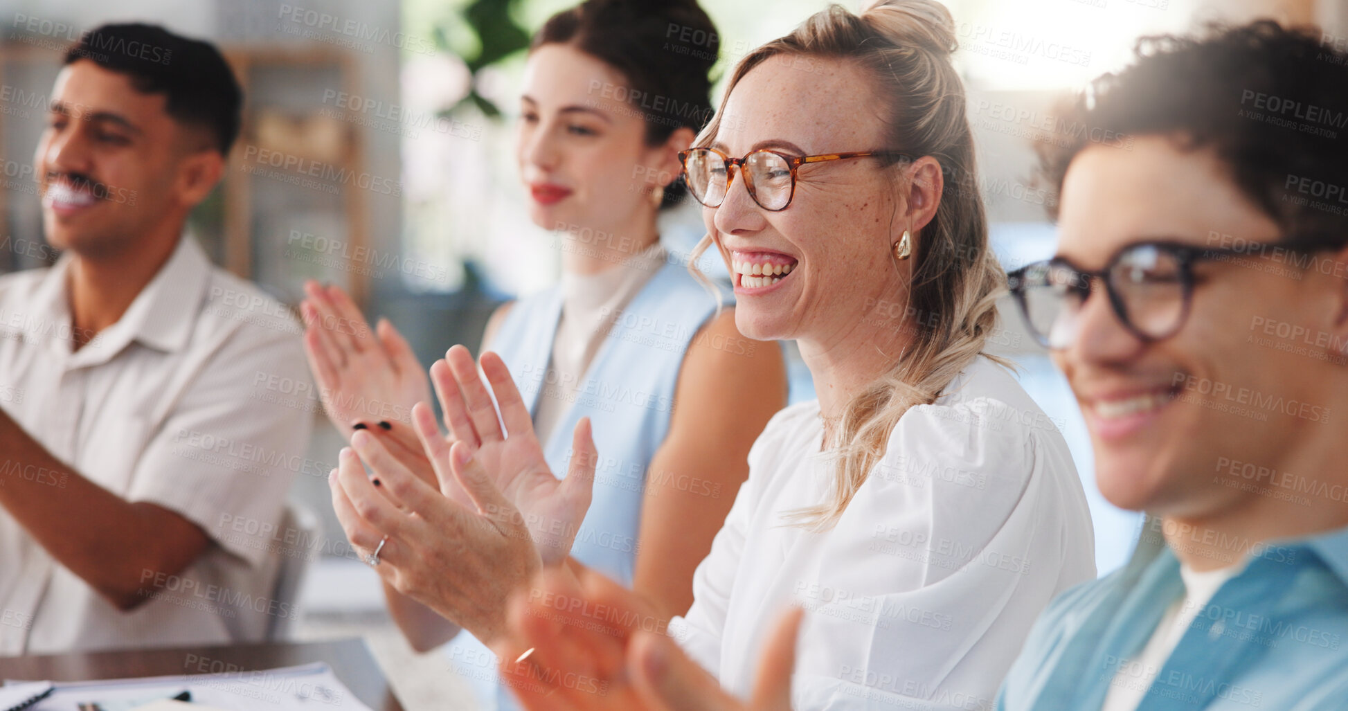 Buy stock photo Happy people, meeting or presentation with applause for congratulations, good job or well done. Group, employees or colleagues clapping with smile for teamwork, success or staff training in workplace