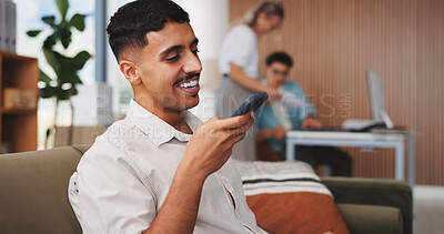 Buy stock photo Happy, businessman and talking with phone speaker for audio message or conversation in office. Man, employee or speaking with mobile smartphone or loudspeaker for voice note or sound app in workplace