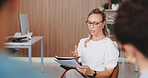 Team, woman and meeting with document in office for manuscript revision, article tips and feedback. Journalists, female editor and reading notes for creative advice, story pitch or editorial planning