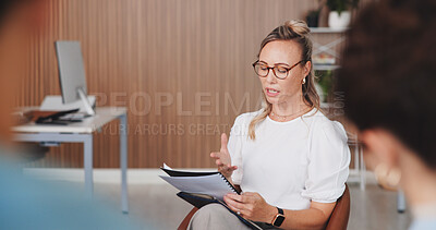 Buy stock photo Team, woman and meeting with document in office for manuscript revision, article tips and feedback. Journalists, female editor and reading notes for creative advice, story pitch or editorial planning