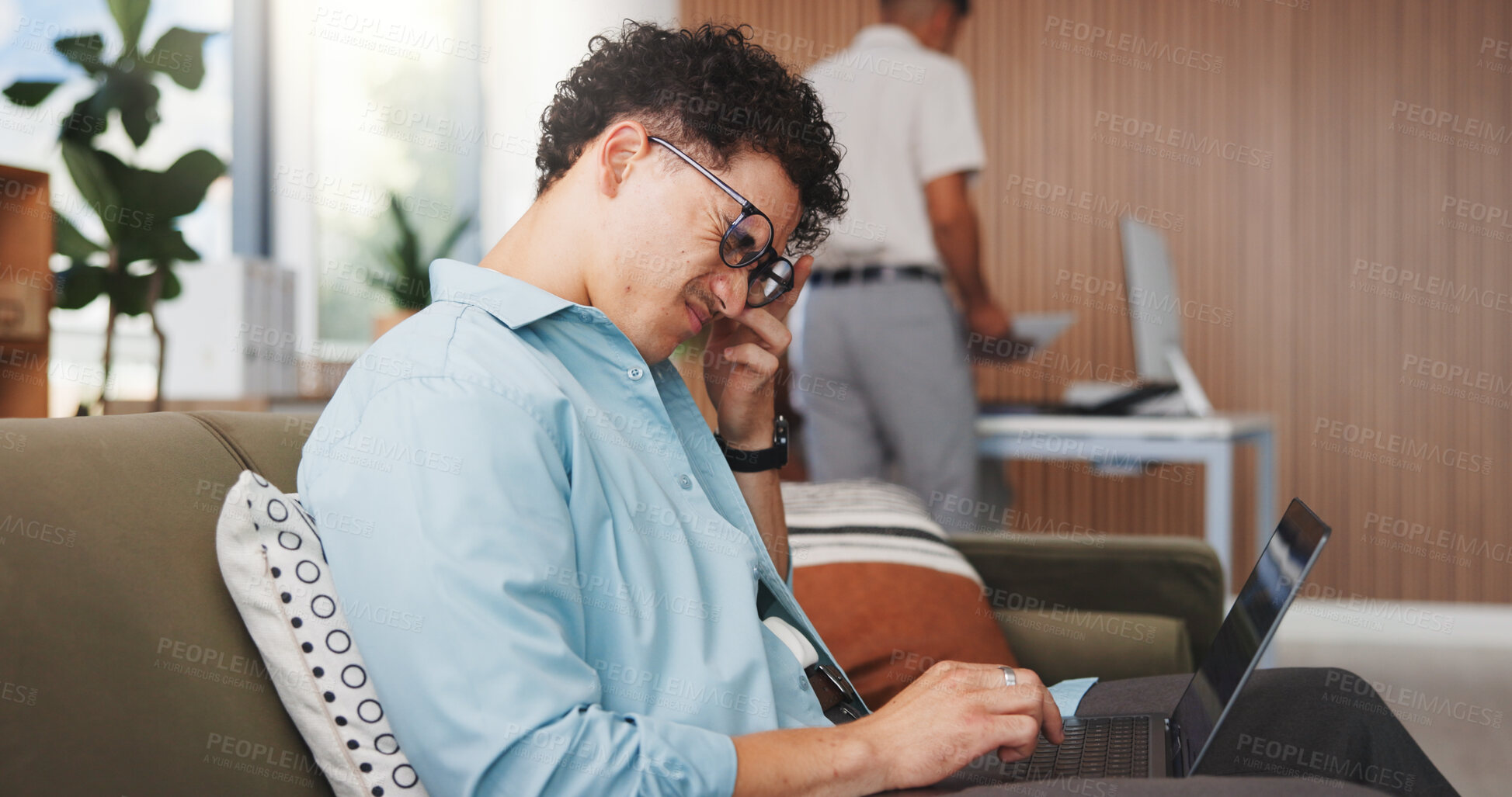 Buy stock photo Man, writer and laptop at startup with eye strain, glasses and frustrated with burnout at media company. Person, journalist and stress with computer, pain or fatigue with vision at creative agency