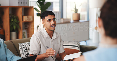 Buy stock photo Team, man and meeting with notebook at agency for manuscript revision, article tips and feedback. Journalists, editor and brainstorming notes for creative advice, story pitch and editorial planning
