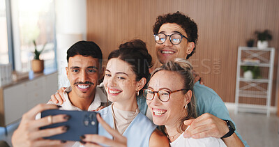 Buy stock photo Happy people, friends and selfie with team for photography, picture or memory together in office. Group, employees or colleagues with smile or app for capture moment or social media post in workplace
