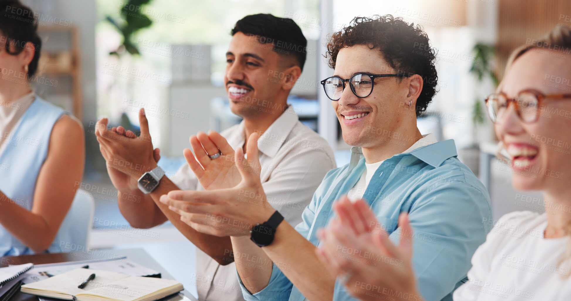 Buy stock photo Happy people, meeting and presentation with applause for well done, good job or thank you in office. Group, employees or colleagues clapping with smile for teamwork or staff training in workplace