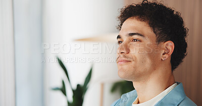 Buy stock photo Man, thinking and smile in office at startup with reflection, mindset or decision for career at company. Person, writer and perspective with insight, inspiration and choice for job at creative agency
