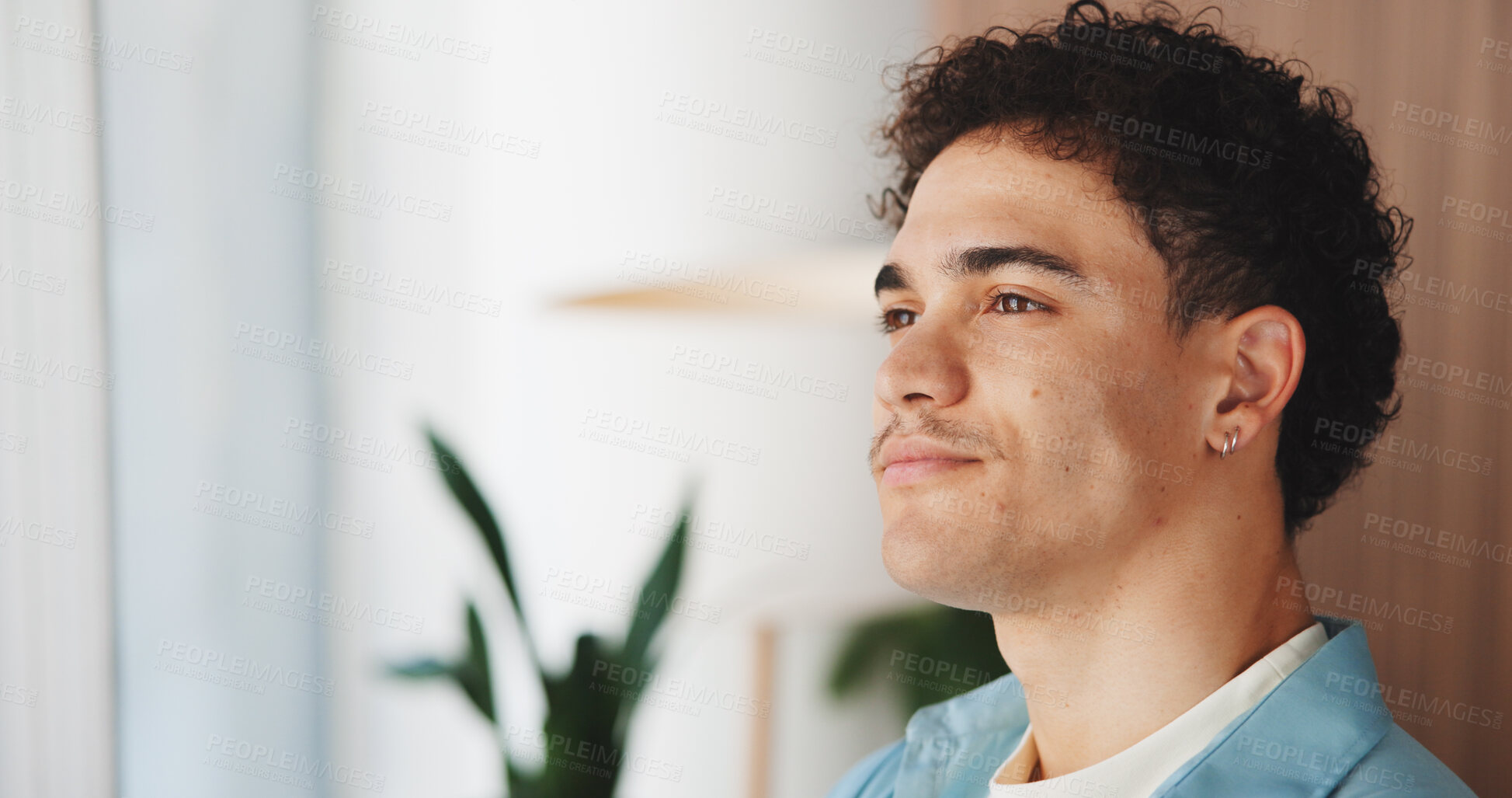 Buy stock photo Man, thinking and smile in office at startup with reflection, mindset or decision for career at company. Person, writer and perspective with insight, inspiration and choice for job at creative agency